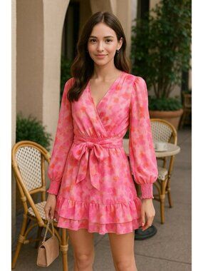 Japna Pink Watercolor Wrap Mini Dress with Puff Sleeves
